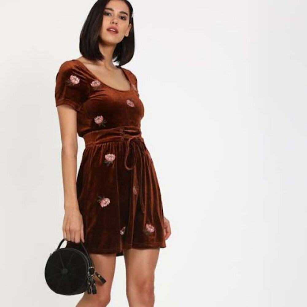 HONEY BELLE | Copper Brown Velvet Floral Fit And Flare Scoop Neck Corset Dress L